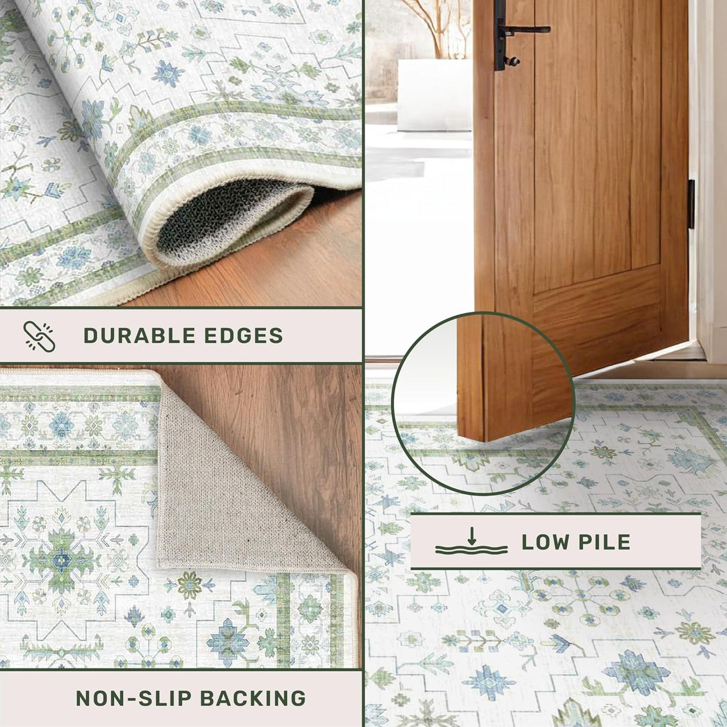 Oushak Boho Bathroom Rug - Cream Green & Blue Floral Design, Washable Non-Slip, 2x4 ft