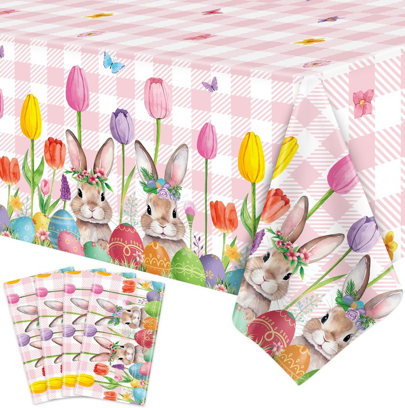 TJYJOY 4 Pack Easter Tablecloth Spring Tulip Buffalo Bunny Table Cloth Disposable Rectangle Table Covers Easter Decorations for Picnic Spring Birthday Party Supplies 51 x 86in