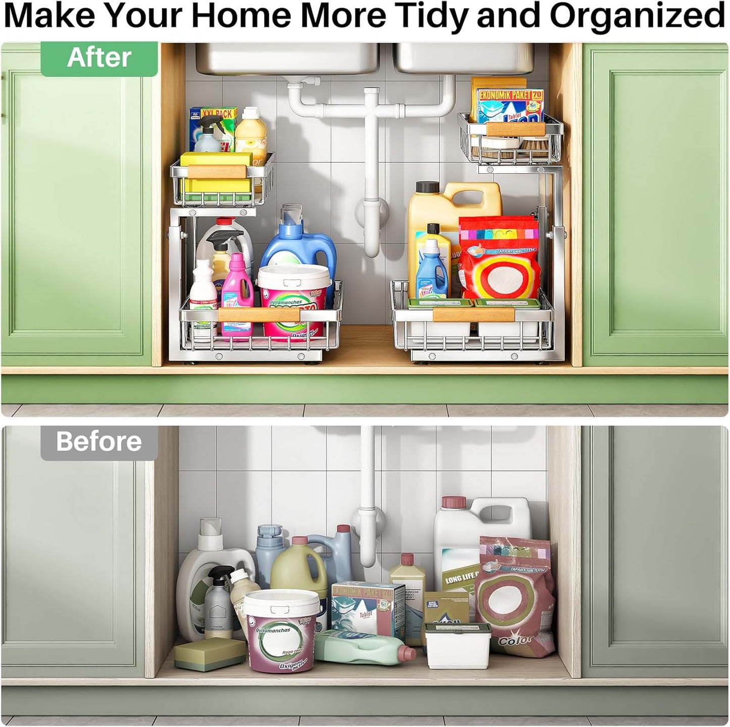 Under Sink Organizer by [Brand Name] - Stainless Steel 2-Tier Storage Solution for Kitchen & Bathroom