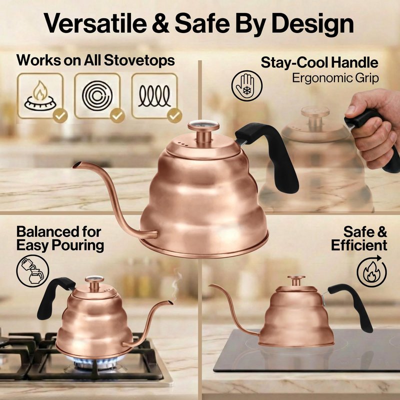 Barista Warrior Gooseneck Kettle with Thermometer - 1.2L Pour Over Coffee & Tea Kettle, Copper Coated Stainless Steel Gooseneck Kettle Pot, Precision Pour Drip Spout, Suitable for All-Stoves (40 floz)