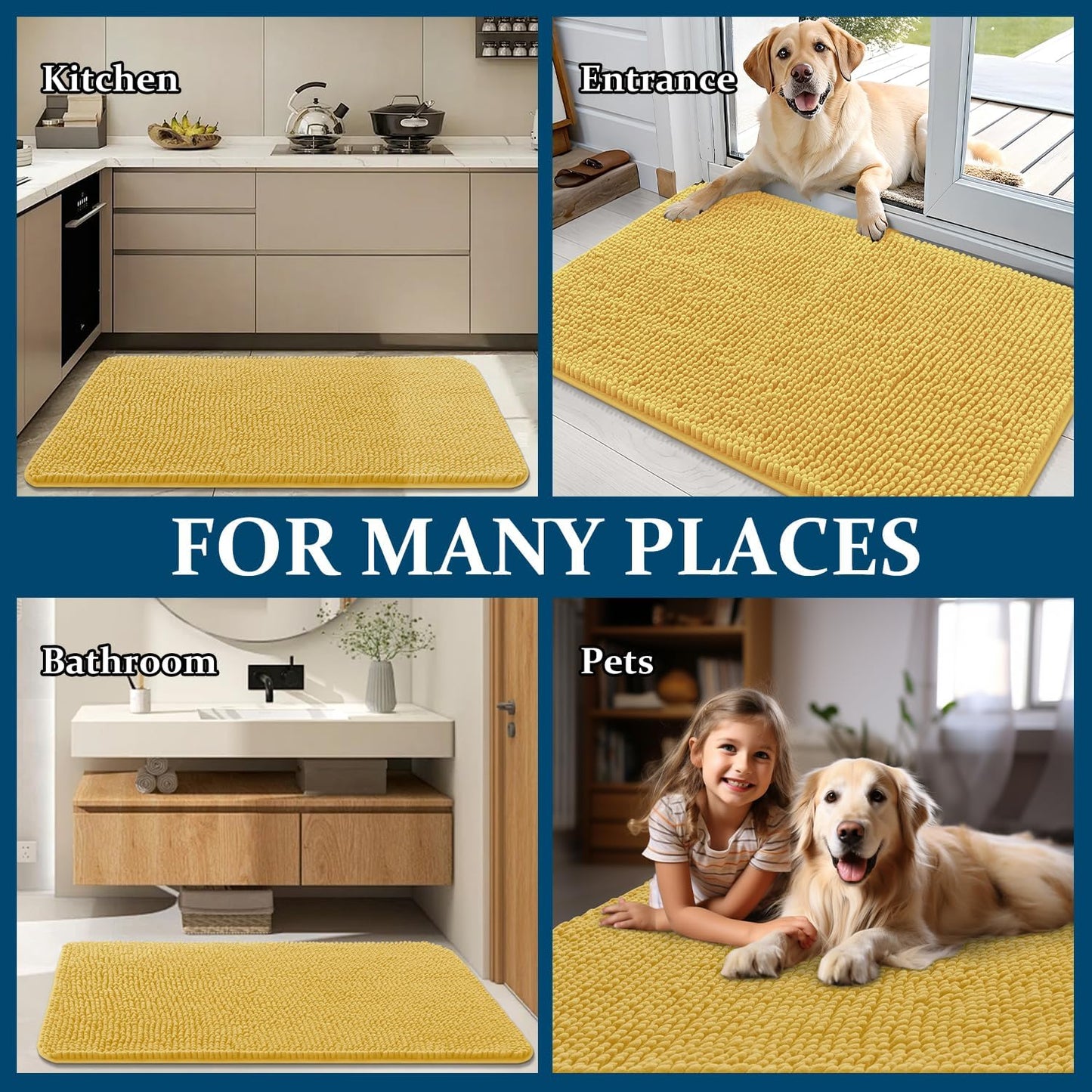 OLANLY Dog Door Mat - Absorbent Non-Slip Washable Doormat for Muddy Paws | 59x32 Yellow Chenille Mat