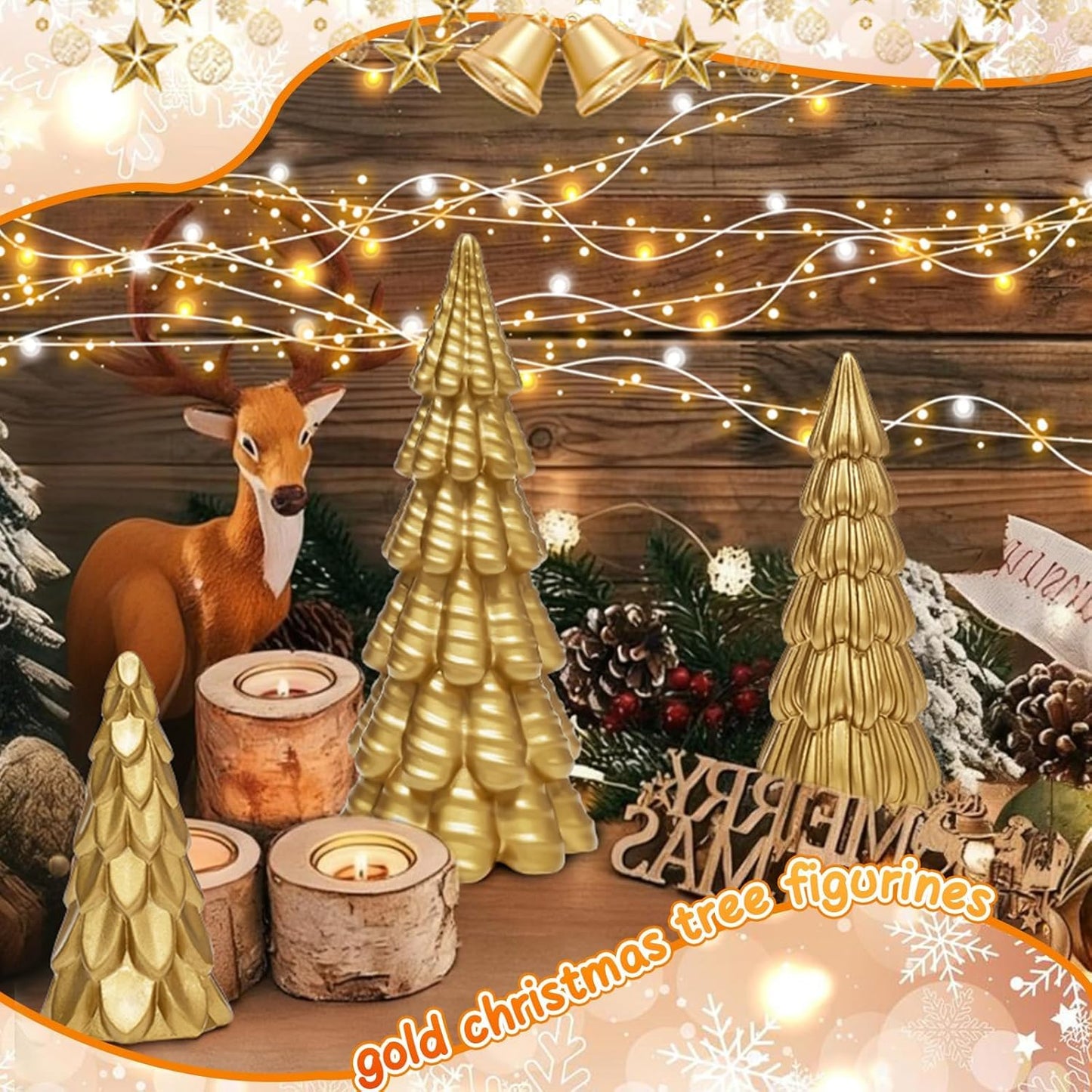 Warmtree Gold Christmas Tree Figurines Set - 3 Small Resin Tabletop Decorations for Festive Home Decor