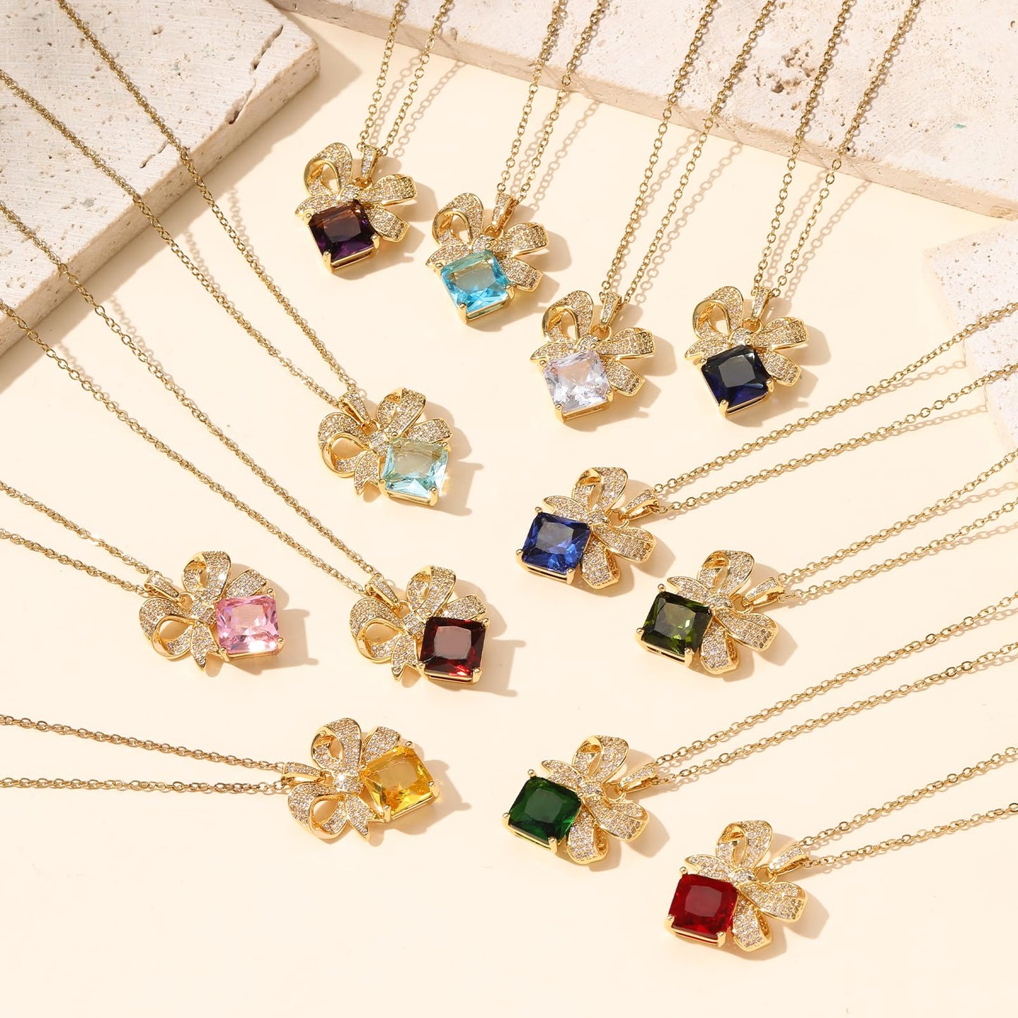 crataly Blue Sapphire Square Bow Necklace for Women-Gold Plated September Birthstone Vintage Necklace For Valentines Day Mother's Day Christmas Birthday Gifts