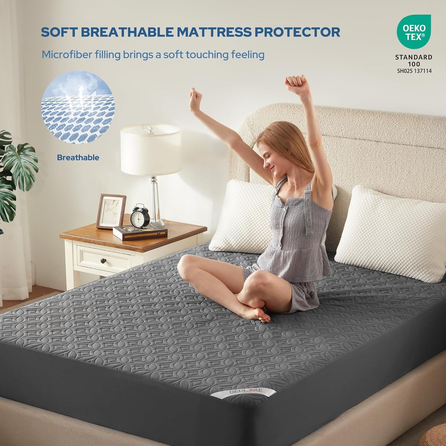 BEDLORE Waterproof Mattress Protector - Soft, Breathable Full Size Pad with Deep Pocket (Gray)