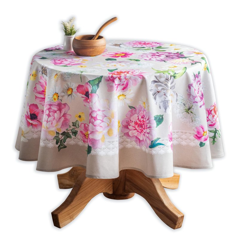 Maison d' Hermine Table Cloth Round Table 100% Cotton 63 Round Inches Tablecloth Reusable Decorative for Dining Kitchen Room Farmhouse Home Gifts for Mothers Day Spring Summer - Pivoine