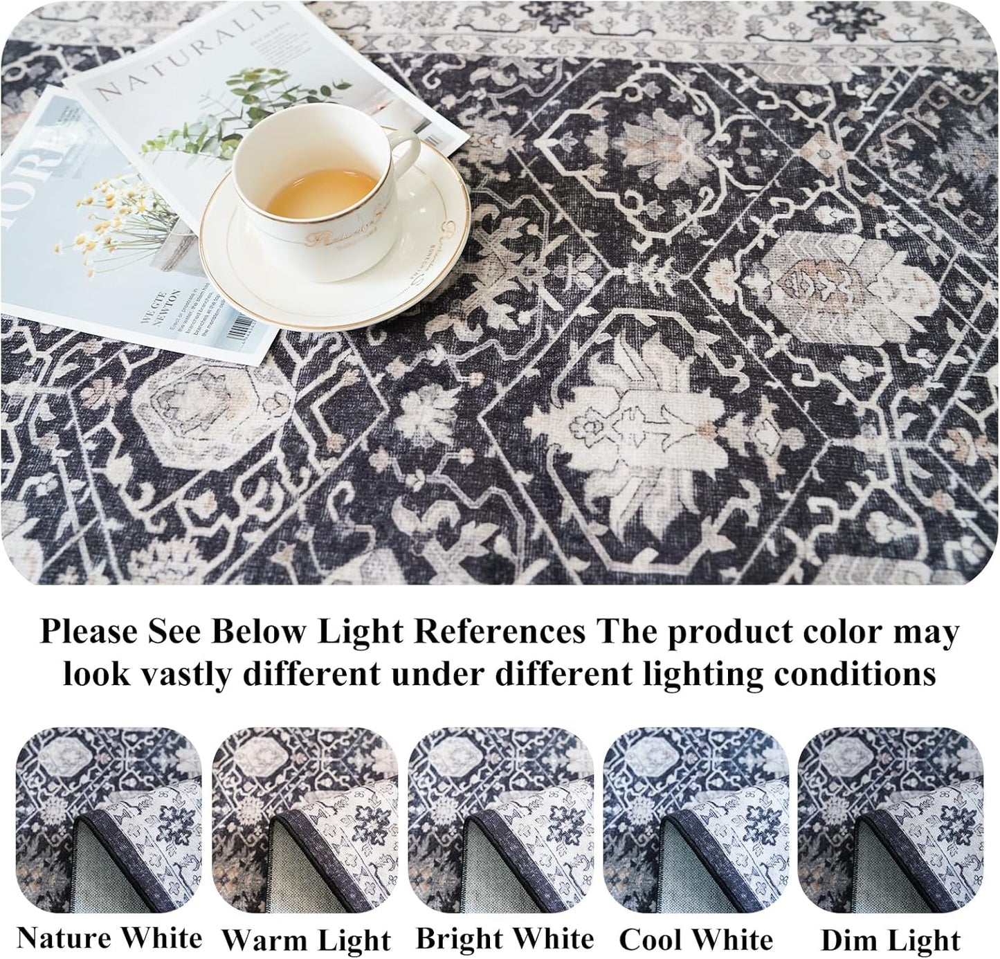 Skiennix Washable Large Area Rug - Ultra Soft Non-Slip Carpet for Living Room | 9x12 Black Distressed Design
