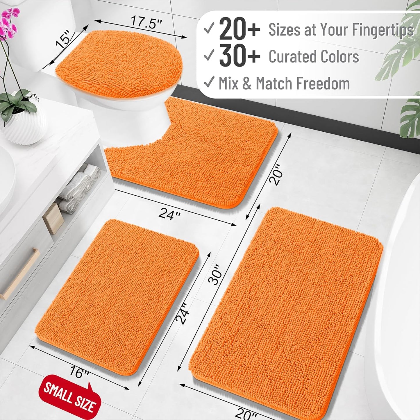 OLANLY Small Bathroom Rugs - Extra Soft Chenille Bath Mats | Quick Dry, Machine Washable, 24x16, Orange