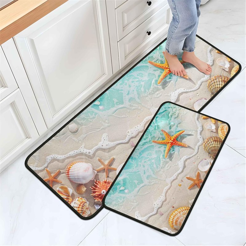 Lumiprinta Ocean Theme Tropical Beach Seashell Starfish Decorative Kitchen Rugs and Mats Set of 2, Low-Profile Floor Mats Decorations for Home Kitchen 17"x47"+17"x30"