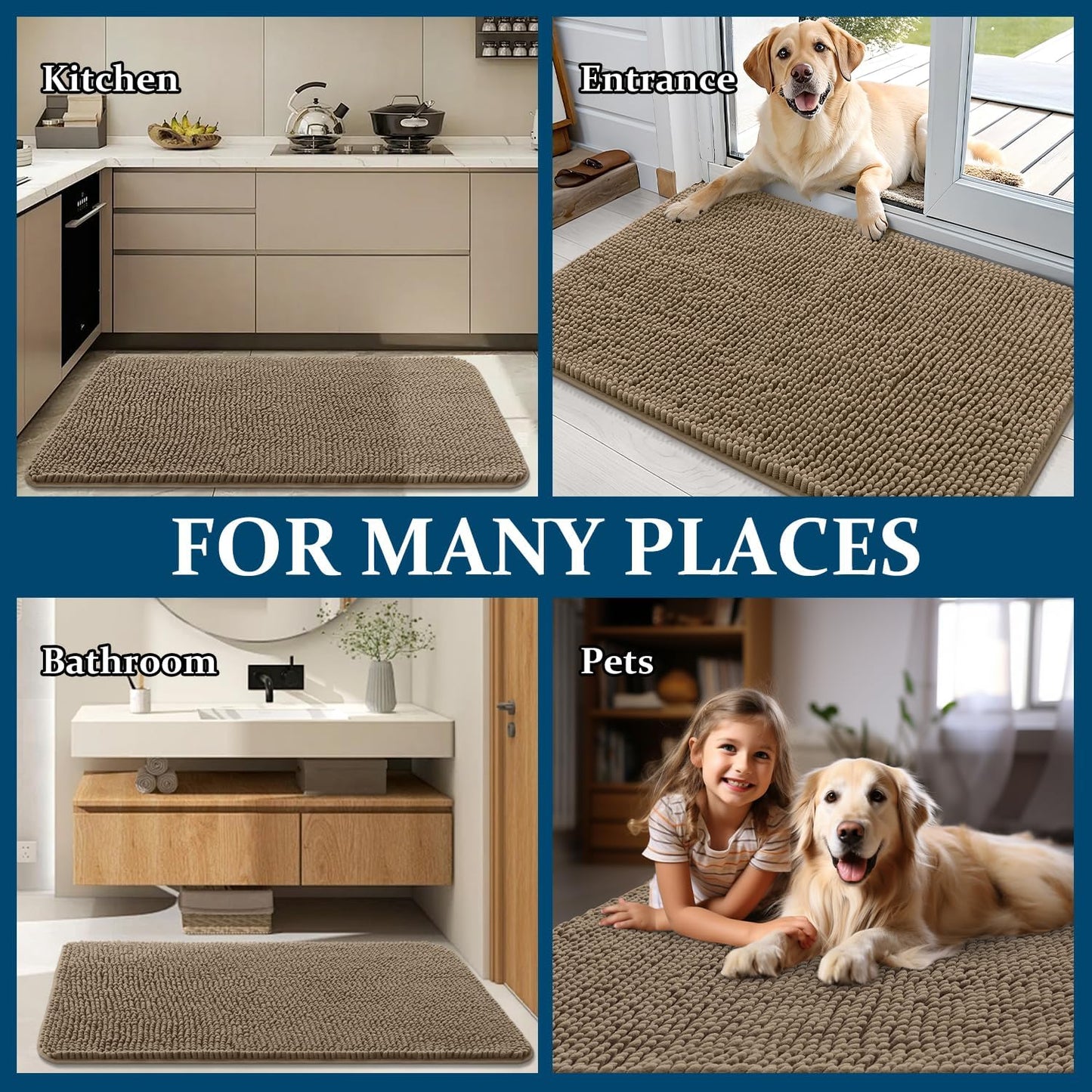 OLANLY Dog Door Mat - Absorbent Non-Slip Chenille Mat for Muddy Paws | 44x24 Tan Indoor Carpet