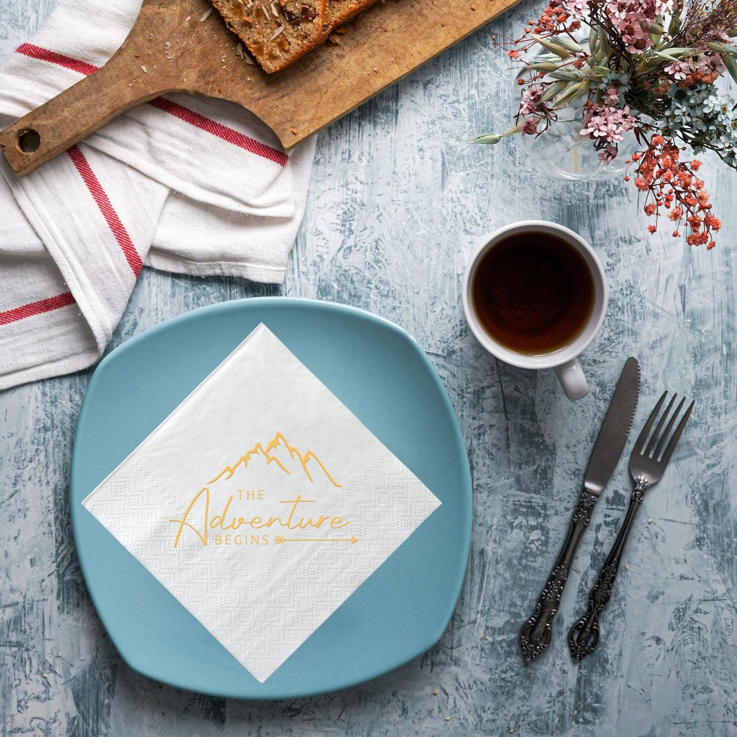 The Adventure Begins Napkins, 50 Pcs White and Gold Party Paper Cocktail Napkins for Wedding Pregnancy Announcement Baby Shower Bachelorette Engagement Graduation Bridal Shower 3-Ply