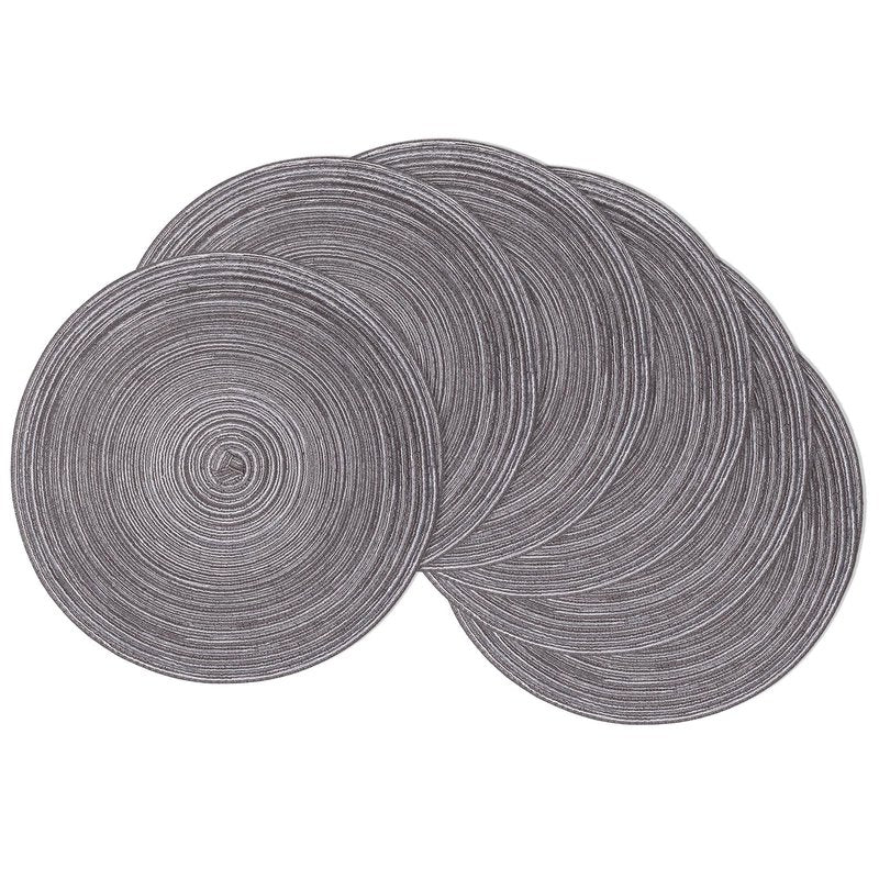 SHACOS Round Braided Placemats Set of 6 Round Table Mats 15 inch Cotton Washable for Holiday Party (Black Grey, 6)