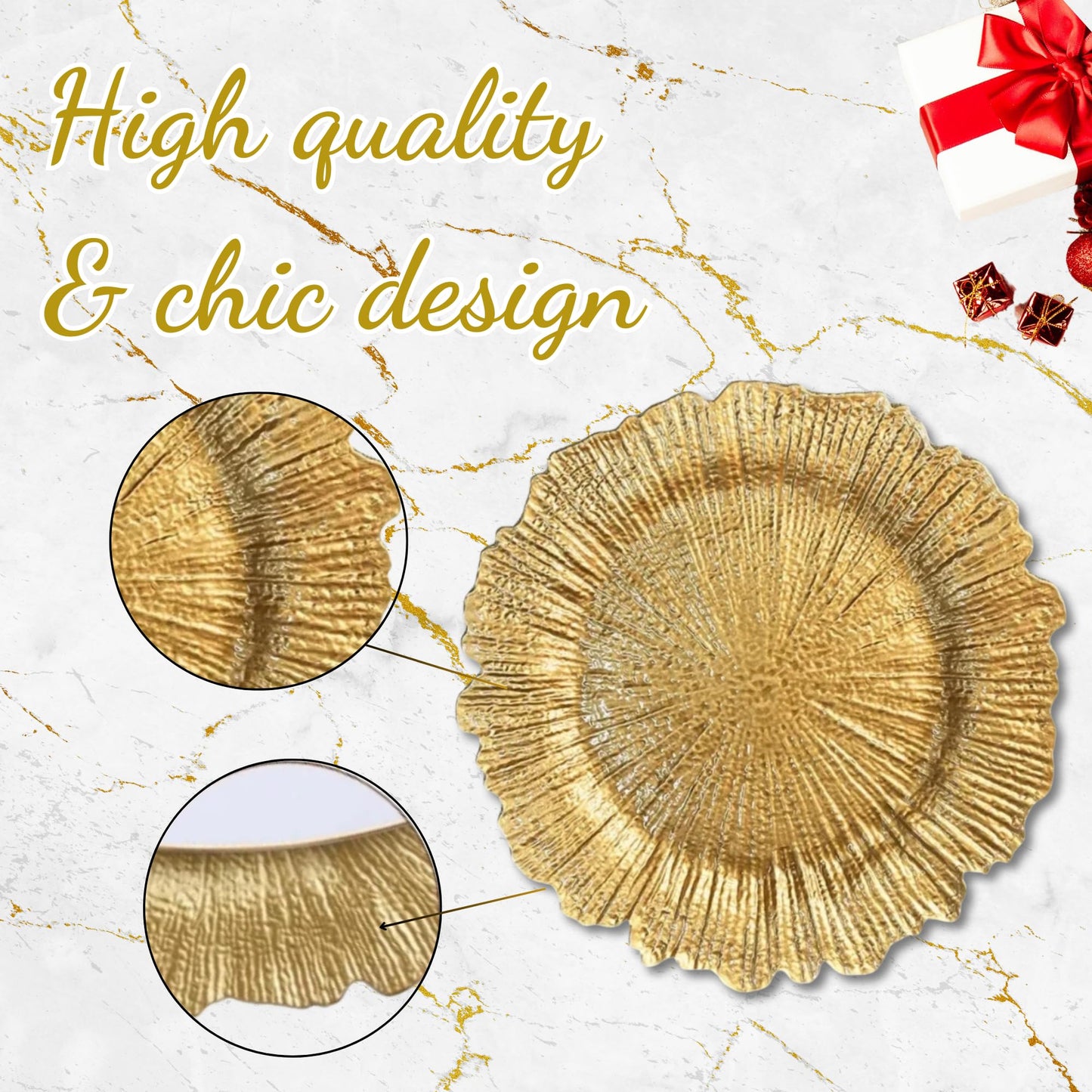 LEMELC Gold Plastic Charger Plates Set – 6 Reef-Style 13" Chargers with 6 White Napkins & 6 Gold Metal Rings – Party Charger Plates & Elegant Table Décor for Dinner Parties & Special Occasions