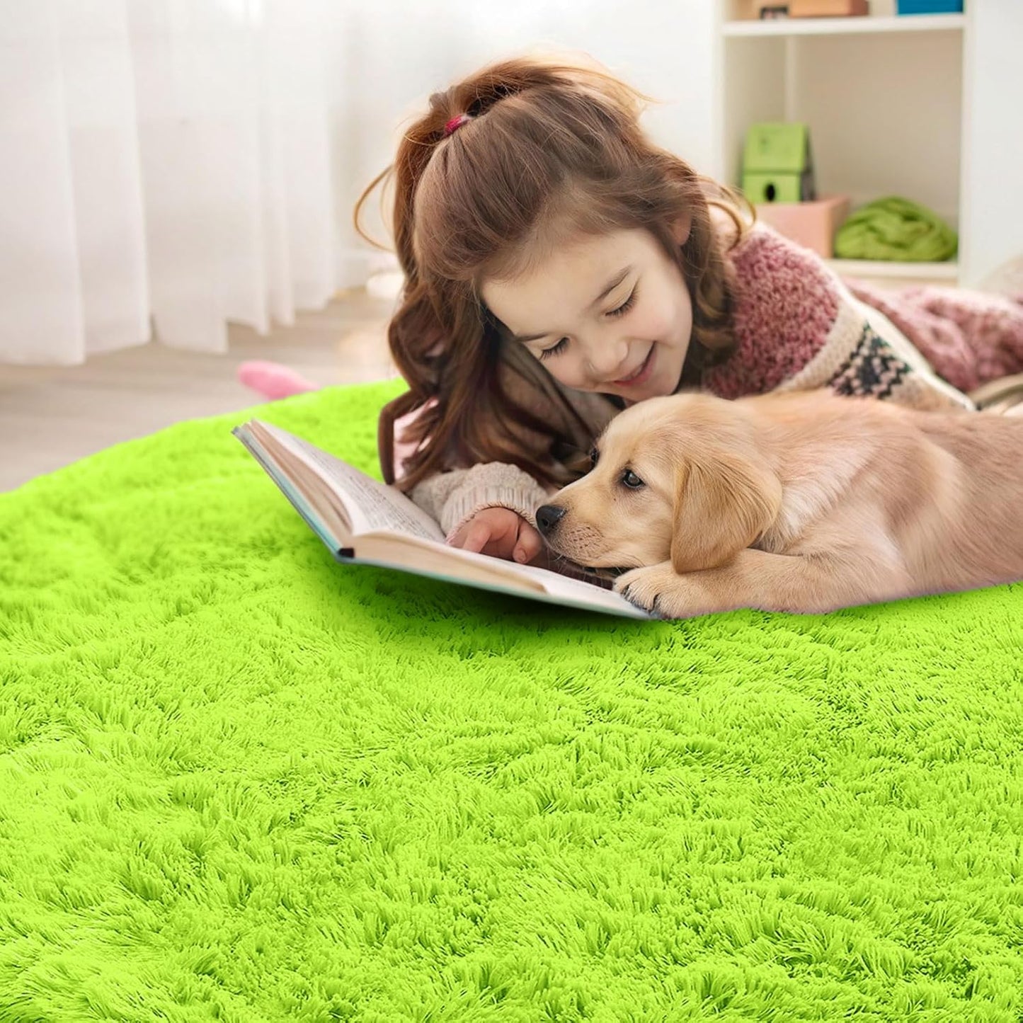 OLANLY Round Lime Green Area Rug - Soft, Fluffy, Machine Washable 6 ft Carpet for Bedroom & Living Room Decor