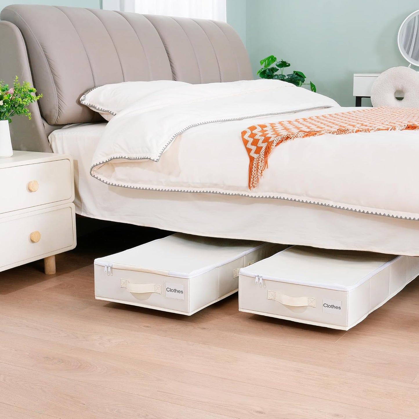 Vincona Under Bed Storage Containers - 2 Pack Rolling Organizers with Label Holders for Clothes & Shoes | Beige (30.71"x15.7"x7.28")