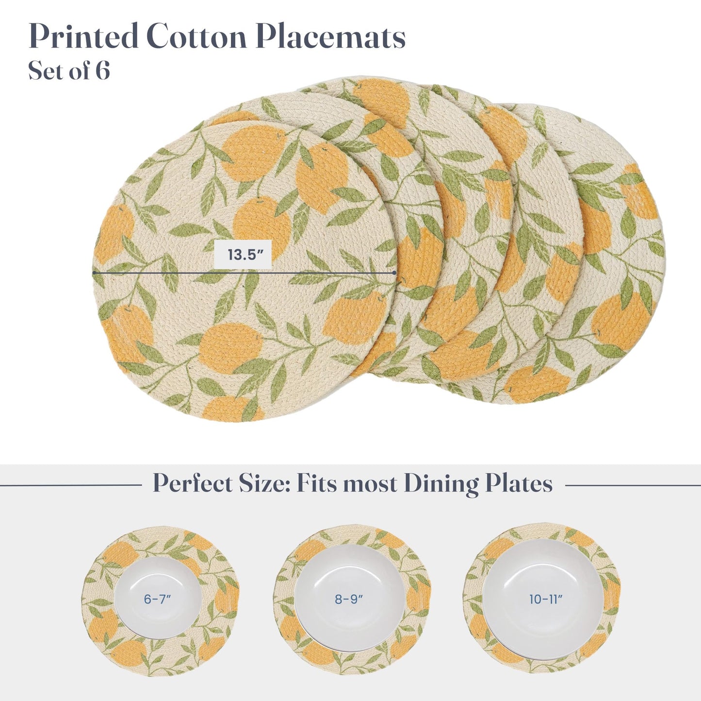 The Fine Living Co. Lemon Printed Braided Cotton Placemats (Set of 6, 13.5 Inches), Washable Anti-Slip Heat Resistant Mats, Boho Woven Round Table Mats for Table Decor, Kitchen and Dining