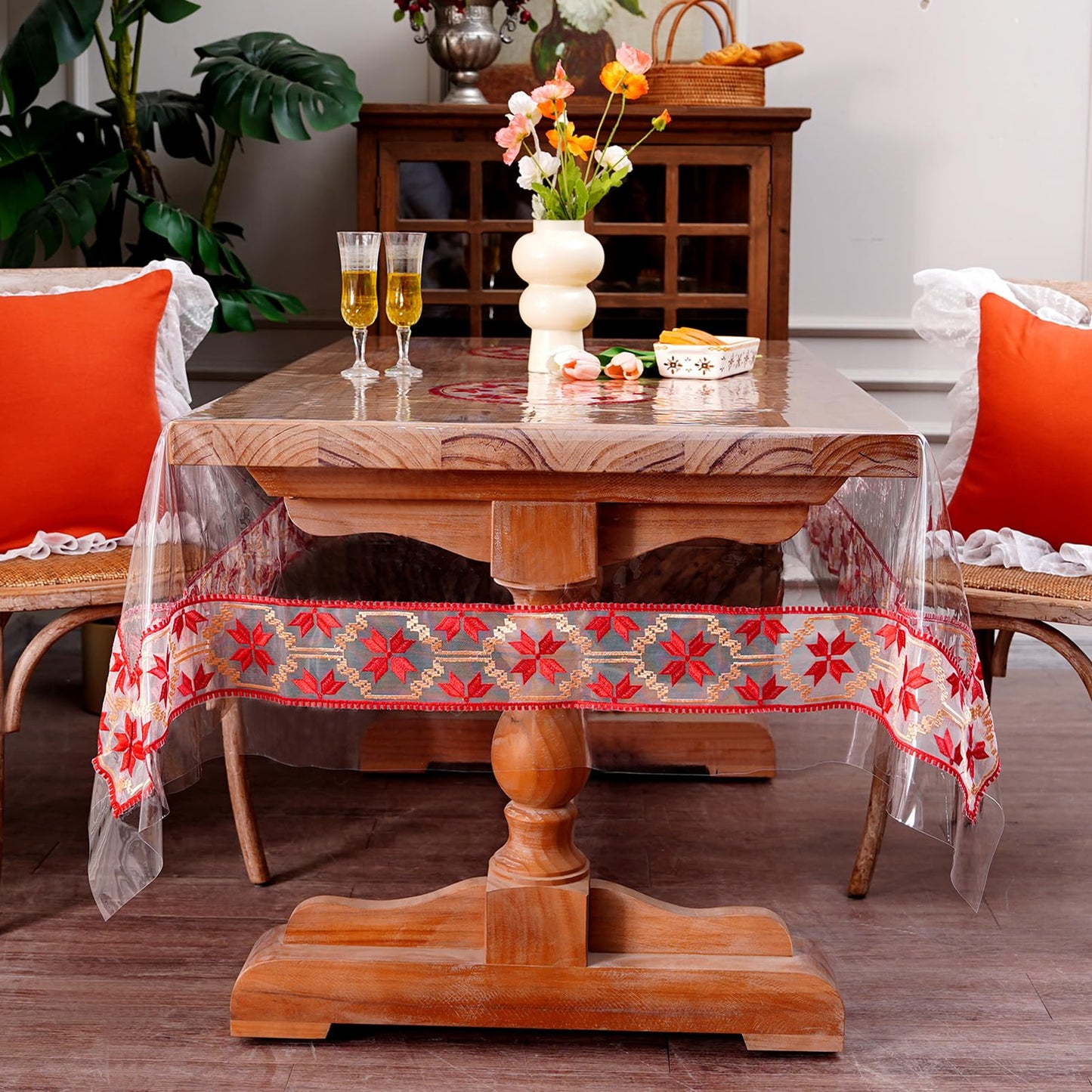 ARTMAGIC Clear Plastic PVC Tablecloth Embroidery Red Lace Rectangle Transparent Table Protector 100% Oil Proof Waterproof for Home Holiday Party Dining Room (Red, 60"x120")