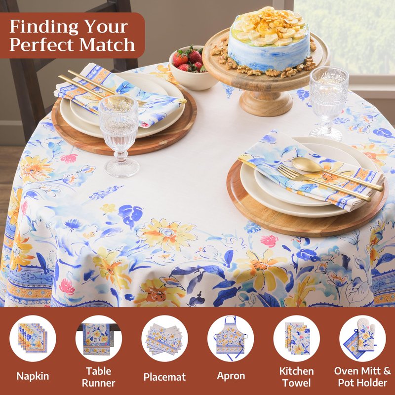 Maison d' Hermine Table Cloth Round Table 100% Cotton 69 Round Inches Tablecloth Reusable Decorative for Dining Kitchen Room Farmhouse Home Gifts for Mothers Day Spring Summer - Girassol