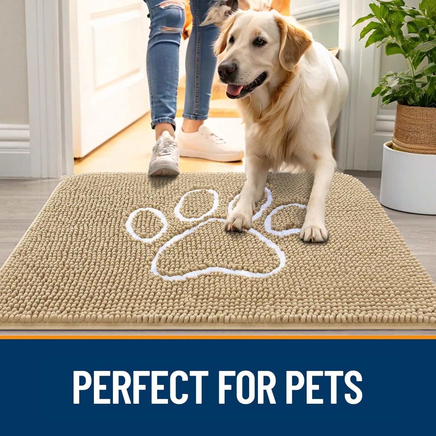 OLANLY Dog Door Mat - Absorbent Non-Slip Mud Mat for Muddy Paws | 59x24 Paw Print Design, Quick Dry Beige