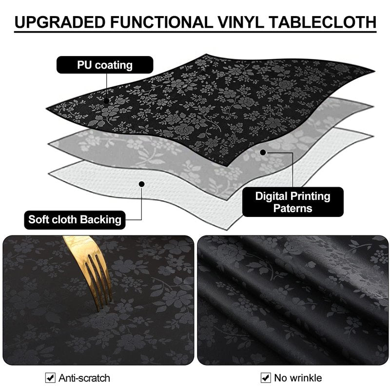 Smiry Rectangle Table Cloth, Waterproof Heavy Duty Vinyl Tablecloths, Wipeable Washable Table Cover for Kitchen and Dining Room (Black, 52" X 70")
