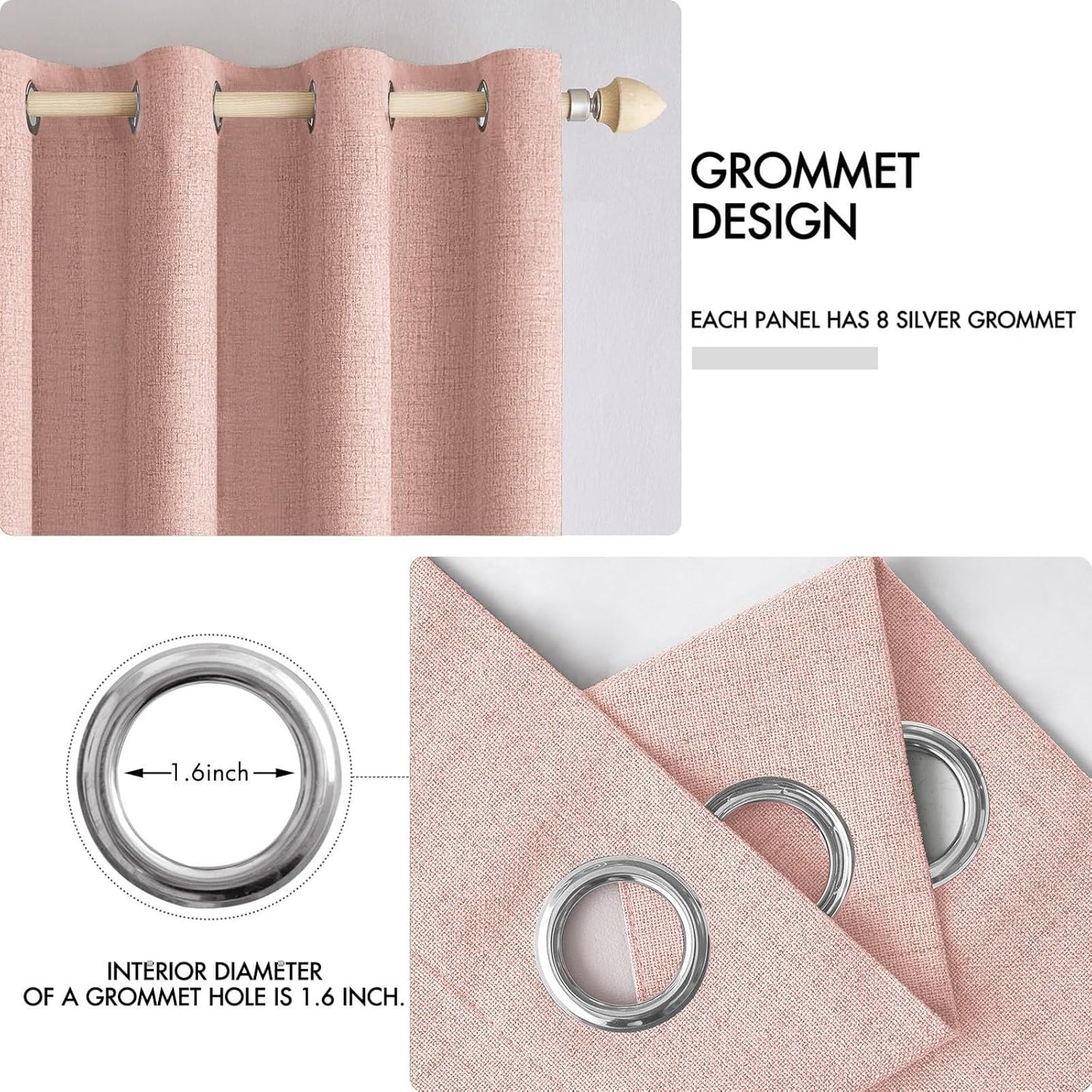 MIULEE Linen Curtains - 100% Blackout Thermal Insulated Drapes | Blush Pink, 52 x 72 Inch (2 Panels)