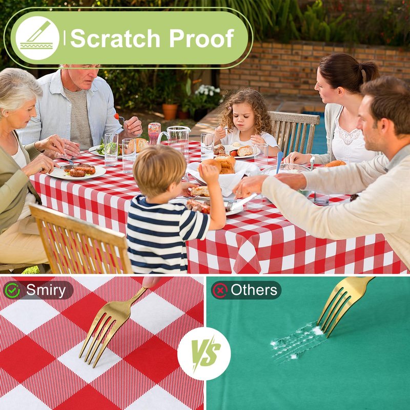 Smiry Rectangle Table Cloth, Waterproof Vinyl Tablecloths with Flannel Backing, Wipeable Buffalo Plaid Table Cover for Picnic, Indoor and Outdoor (Red & White, 60"x84")