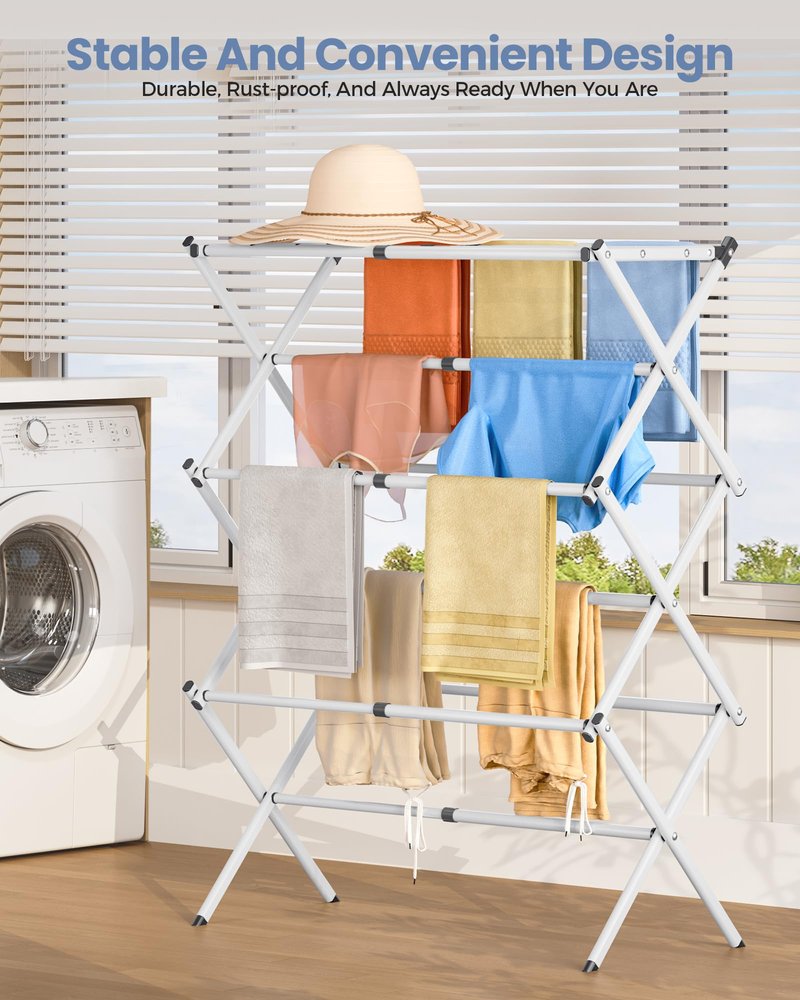 APEXCHASER Clothes Drying Rack Folding - 3 Tier Laundry Drying Rack for Clothes, Expandable Metal Clothing Dryer, Collapsible Towel Rack, Air Drying Rack, White