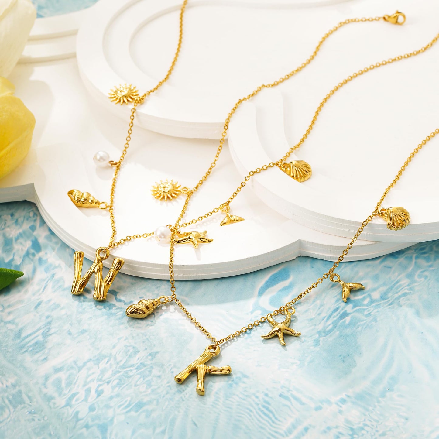 SLOONG Initial Charm Necklace 14K Gold Plated Letter Neckalce Freshwater Pearl Necklace Choker Boho Summer Seashell Beach Starfish Surfer Jewelry Gifts for Women L