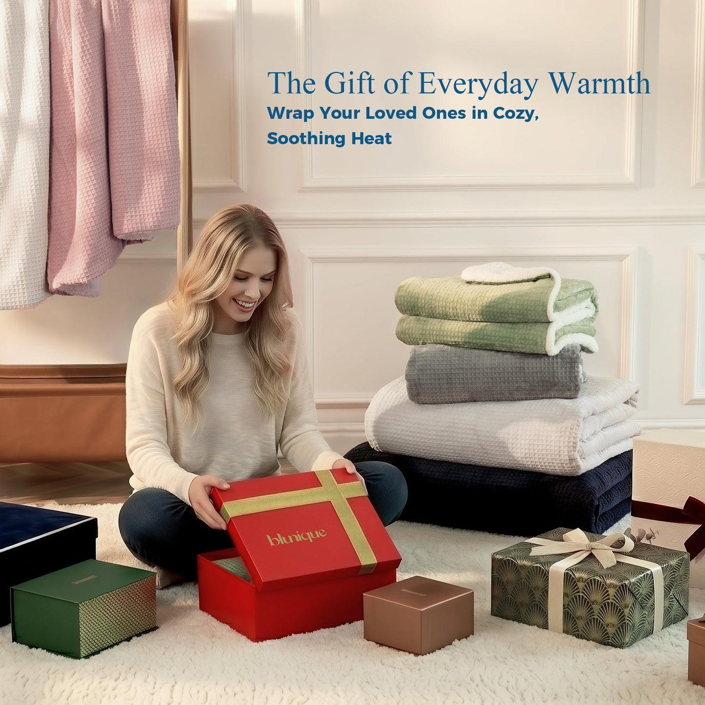 blunique Heated Blanket Electric Blanket Queen Waffle, 84x90 Inches Dual Controllers Sherpa Fleece Fast Heating Blanket 6 Heating Levels & 10 Hours Auto Off ETL Certification, Sage Queen