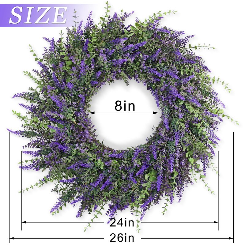 26'' Large Eucalyptus and Lavender Wreath for Front Door, Porch, Window- Artificial Eucalyptus Leaves with Lavender Wreath for Home, Farmhouse Wall Decor- Spring, Summer, Fall, All Seasons (Purple)