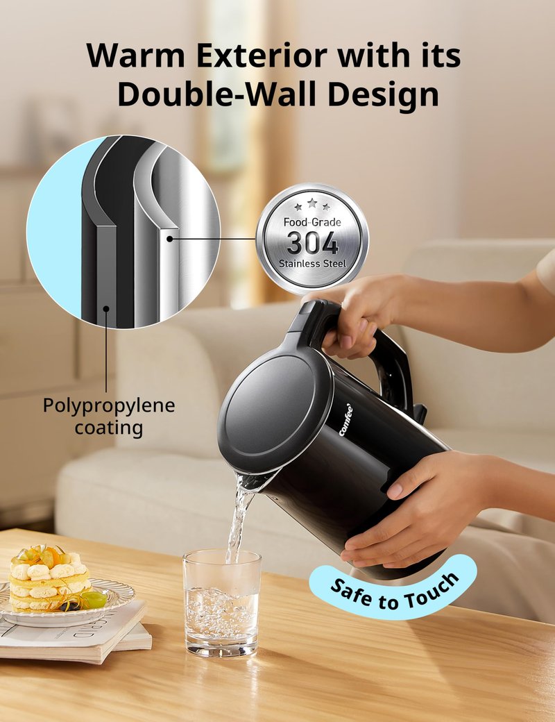 COMFEE' Electric Kettle and Tea Kettle, 1.5L Double Wall, Stainless Steel Interior, Lid & Spout, Fast Boil, Auto-Off, and Boil-Dry Protection, 1500W