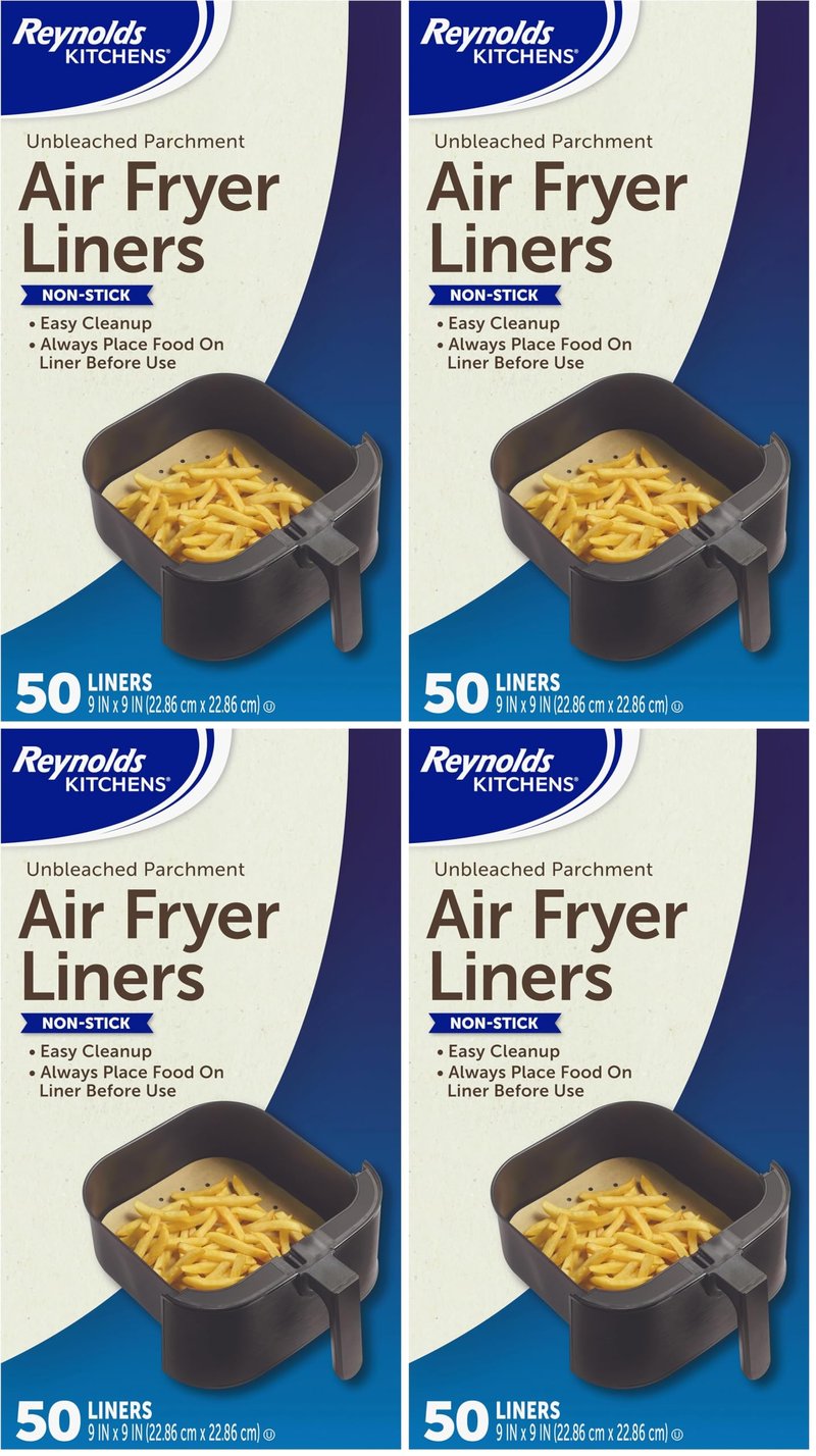 Reynolds Kitchens Air Fryer Liners Disposable, Unbleached Parchment Paper Sheets, 50 Count (Pack of 4)