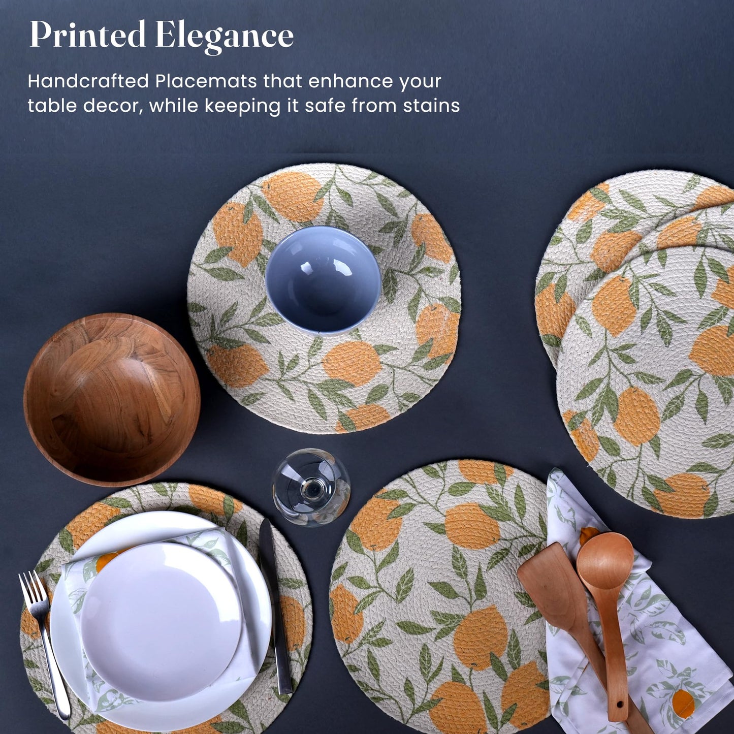 The Fine Living Co. Lemon Printed Braided Cotton Placemats (Set of 6, 13.5 Inches), Washable Anti-Slip Heat Resistant Mats, Boho Woven Round Table Mats for Table Decor, Kitchen and Dining