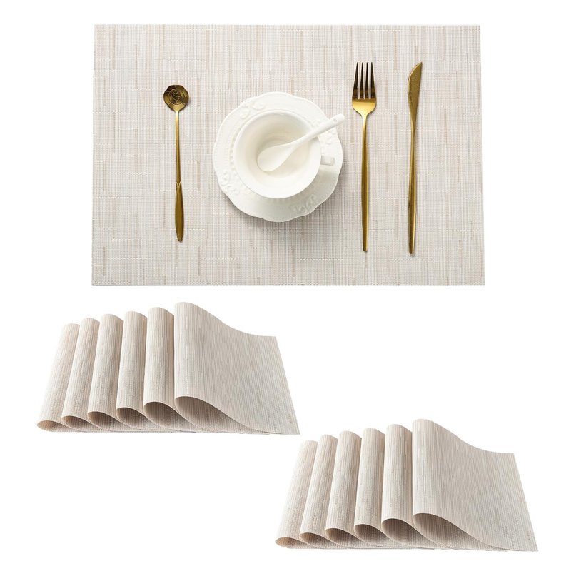 Leetaltree Pale Beige Placemats Set of 12 - Heat Resistant Non-Slip Place mats for Dining Table, Washable Durable PVC Vinyl Woven Table Mats（Pale Beige, 12）