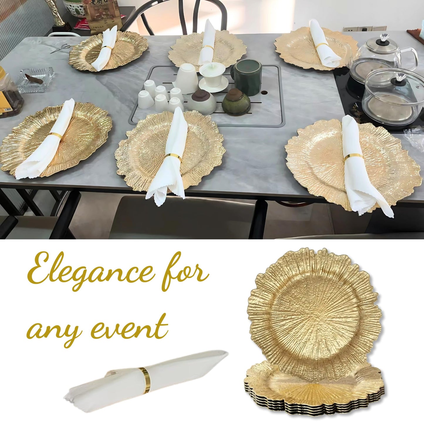 LEMELC Gold Plastic Charger Plates Set – 6 Reef-Style 13" Chargers with 6 White Napkins & 6 Gold Metal Rings – Party Charger Plates & Elegant Table Décor for Dinner Parties & Special Occasions