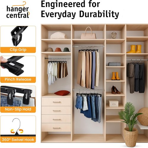 Hanger Central 12 Inch Slim Pants Hangers - Heavy Duty Non-Slip Clips for Skirts & Shorts | 12 Pack - Black