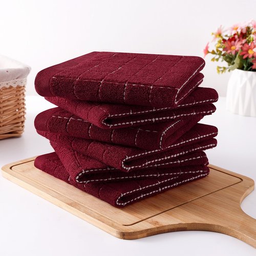 Homaxy 100% Cotton Terry Kitchen Towels(Burgundy Red, 13 x 28 inches), Checkered Designed, Soft and Super Absorbent Dish Towels, 6 Pack