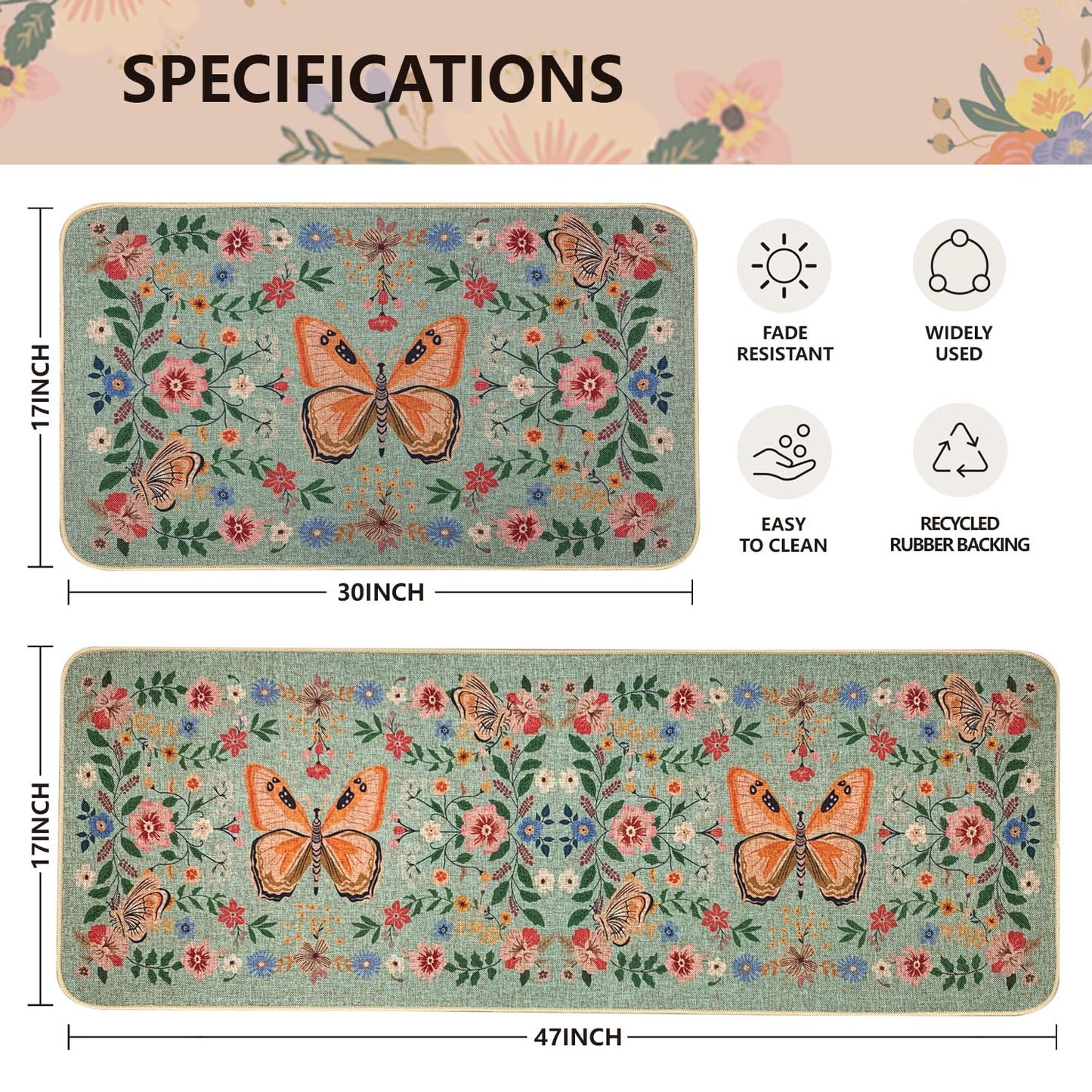 SHIYUE Boho Kitchen Mat Set of 2, Green Butterfly Flower Kitchen Rugs Farmhouse Modern, Non Skid Washable Rubber Runner Rugs, Kitchen Decor Accessories（17x47in+17x30in）