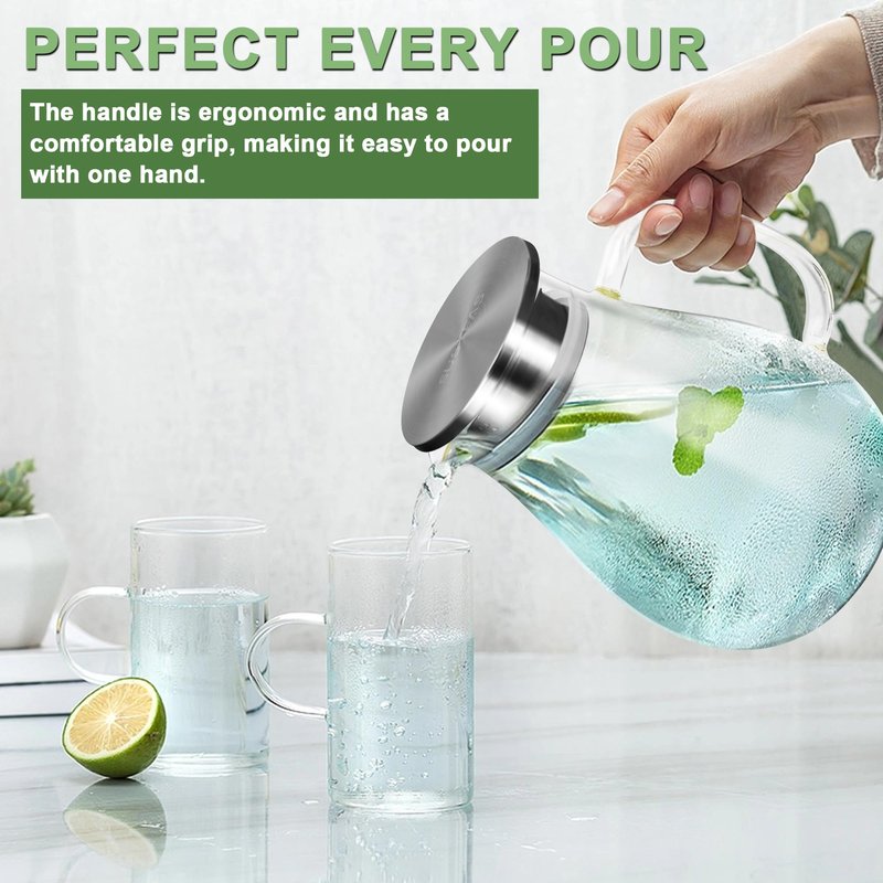 SUSTEAS 2.2 Liter 75oz Glass Pitcher, Water Pitcher with Lid And Wide Handle, Easy Clean Juice Jug for Fridge, Beverage Carafe for Cold/Hot Water, Iced Tea, 1 Long-Handled Brush Included