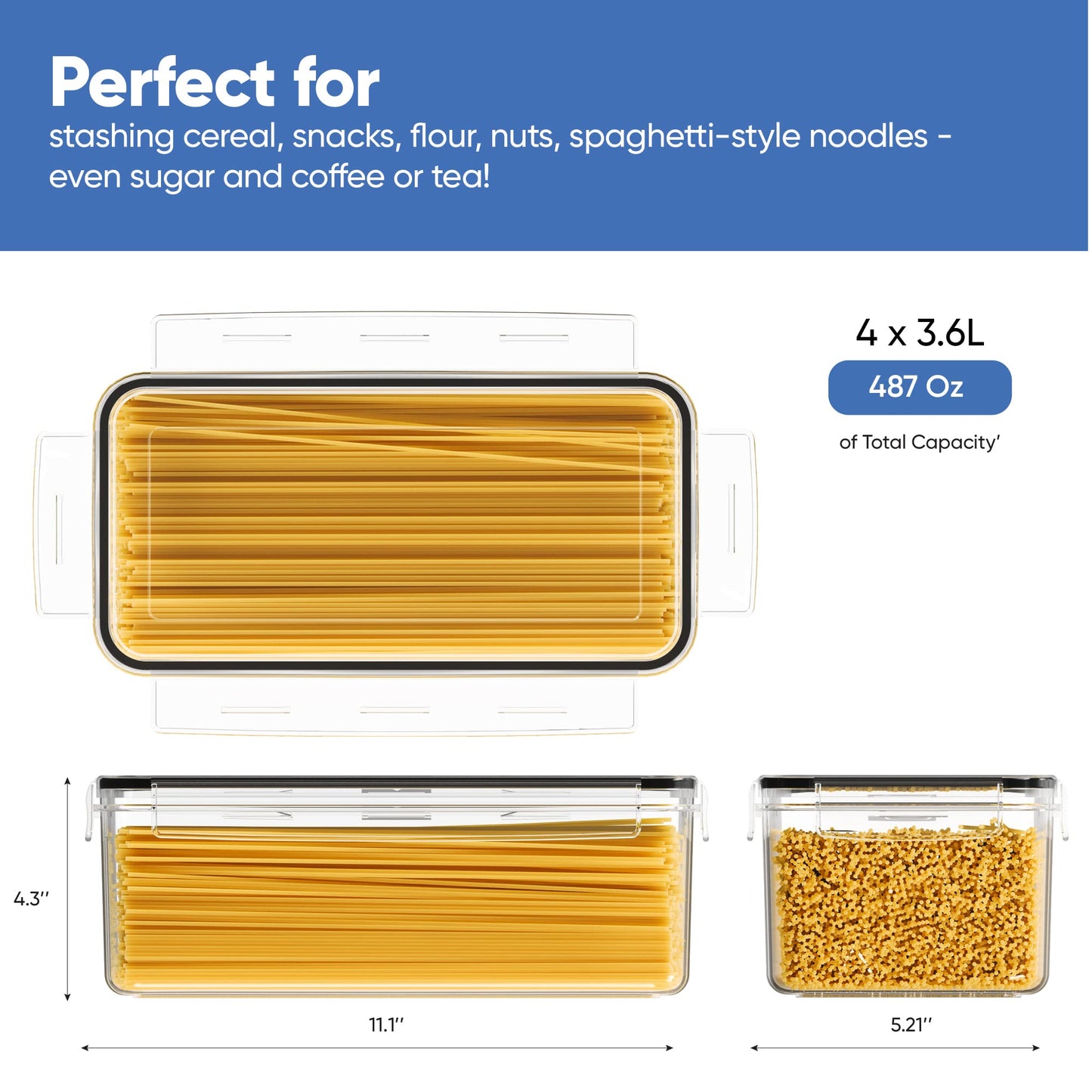Chef's Path Airtight Food Storage Containers with Lids (Set of 4/3.6 Liters Each), Plastic Spaghetti Container for Pasta & Dry Food Storage, BPA Free Pantry Organizer Set with Kitchen Accessories