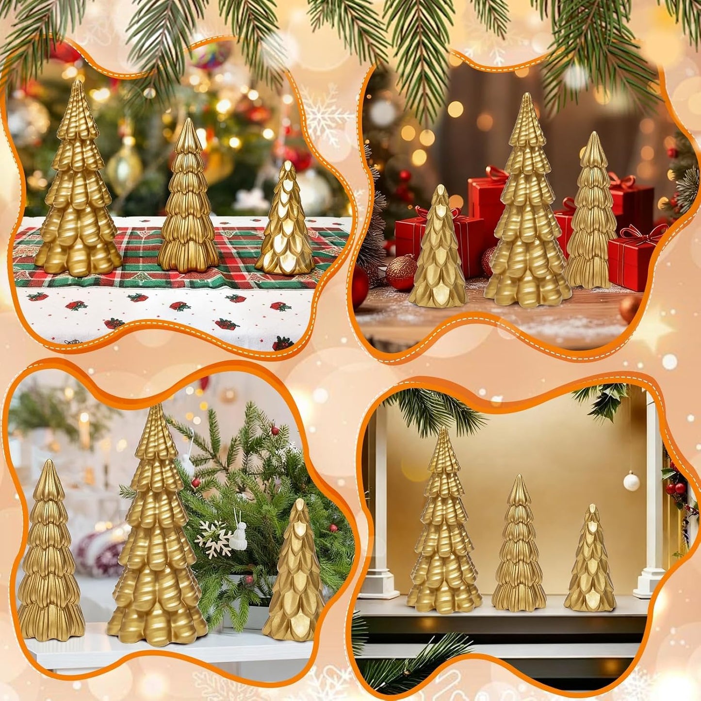 Warmtree Gold Christmas Tree Figurines Set - 3 Small Resin Tabletop Decorations for Festive Home Decor