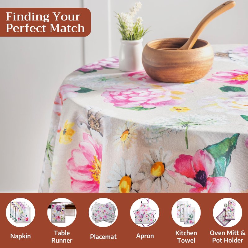 Maison d' Hermine Table Cloth Round Table 100% Cotton 69 Round Inches Tablecloth Reusable Decorative for Dining Kitchen Room Farmhouse Home Gifts for Mothers Day Spring Summer - Pivoine