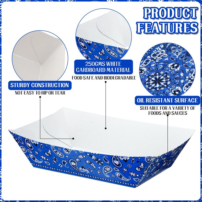 Gejoy 120 Pcs Western Party Plates 1 lb Cowboy Plates Bulk Bandana Paper Food Trays for Rodeo Cholo Party 250th Anniversary Decorations(Red Blue Black)