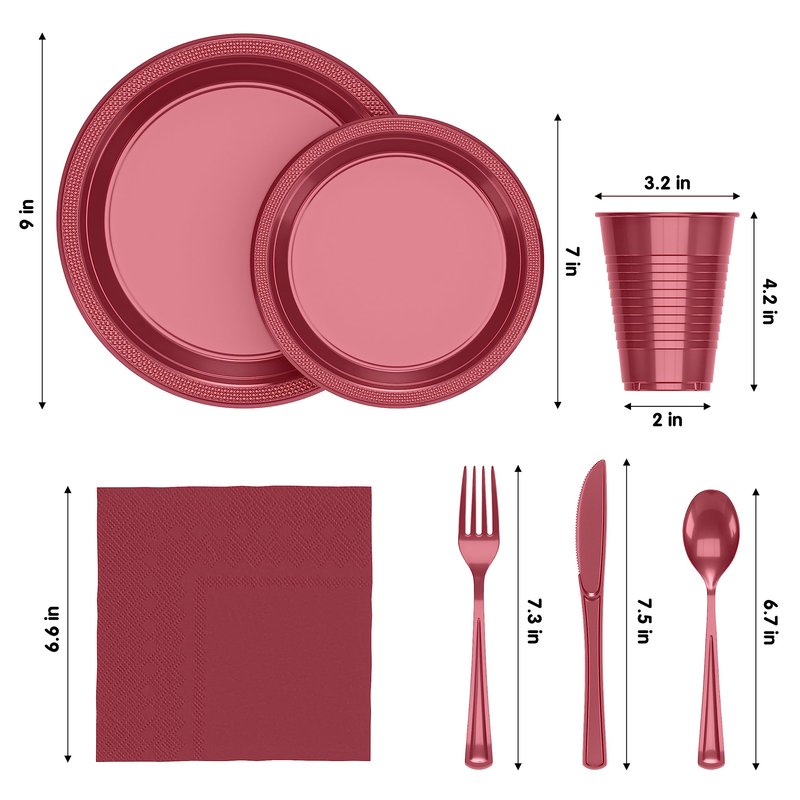 350 Pcs Burgundy Plastic Plates For Party, Burgundy Disposable Plates Set, 50 Of Each 9" Dinner Plate Set, 7" Dessert Plate, Cups, Napkins & Cutlery Plastic Dinnerware Set Exquisite
