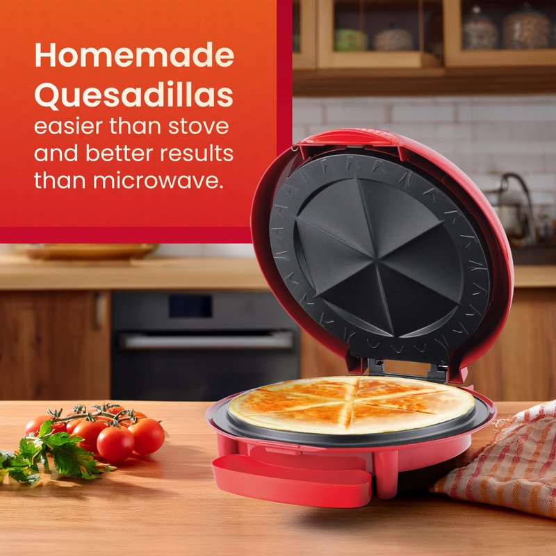 Elite Gourmet EQD-118 Electric Non-Stick 11" Quesadilla Maker, Easy-Slice 6-Wedge, Grilled Cheese Corn Flour Tortilla Snacks, Red