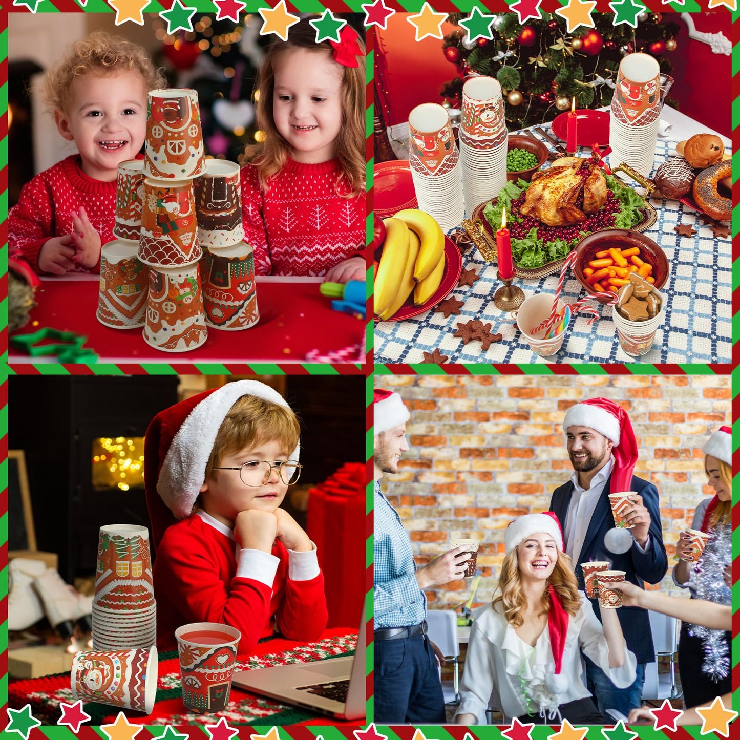 Zhehao 200 Pcs Christmas 9 oz Paper Cups Disposable Coffee Cups Santa Snowman Elk Disposable Hot Cups Xmas Party Drinkware Supplies for Holiday Tea Beverage Cocoa Cold Hot Drink (Gingerbread Style)