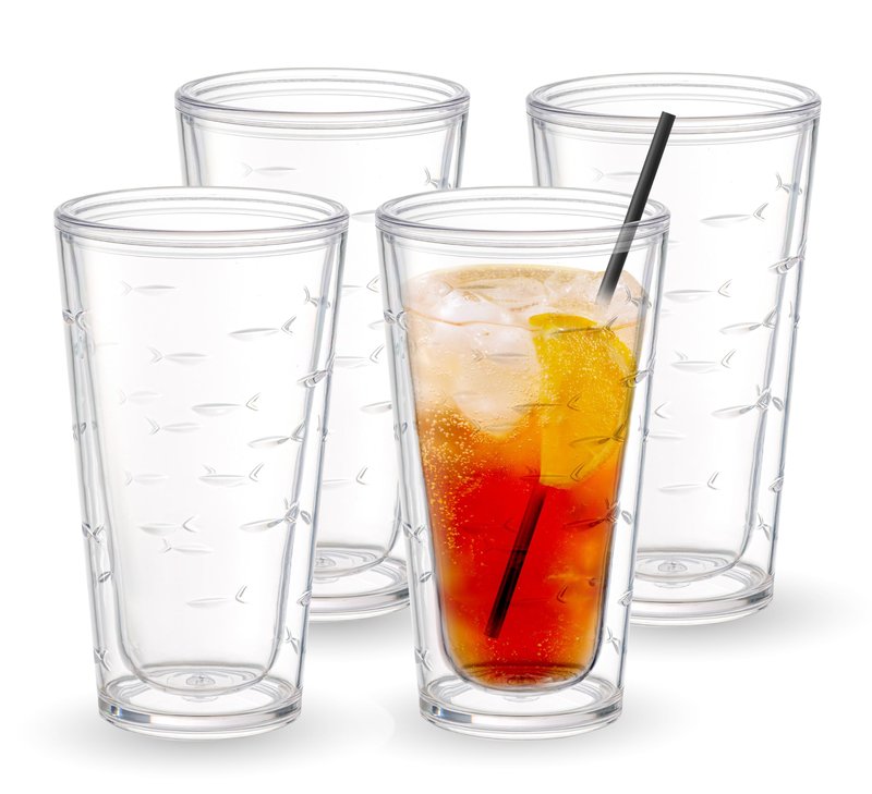 KLIFA- CHARLESTON- 20 oz, Set of 4, Fish Plastic Insulated Tumbler Set, School of Fish Acrylic Double-wall Drinking Glass, BPA-Free, Plastic Drinkware, Dishwasher Safe, Clear