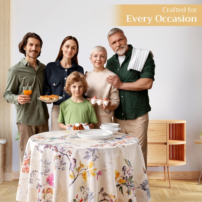 Maison d' Hermine Table Cloth Round Table 100% Cotton 63 Inches Fall Tablecloth Reusable Everyday Use for Thanksgiving Christmas Decorations Dining Farmhouse Party (Equinoxe - Beige)