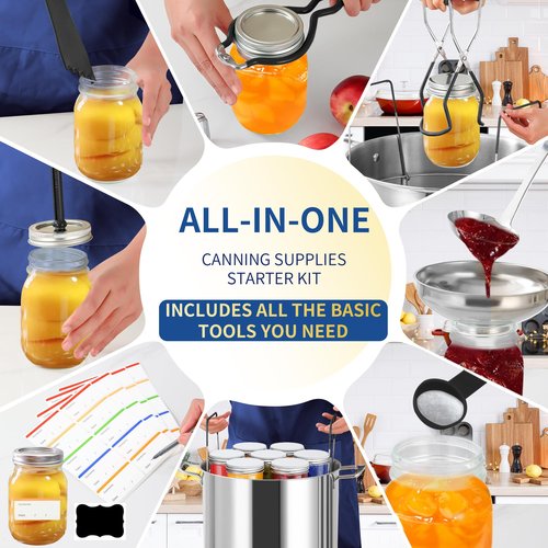 Gemfino Canning Supplies Starter Kit with Canning Rack,Canning Kit for Beginners 11 Pcs, Jar Lifter, Funnel, Wrench, Tongs, Lid Lifter, Bubble Popper, Labels, Ladle, Measuring Spoon - Black