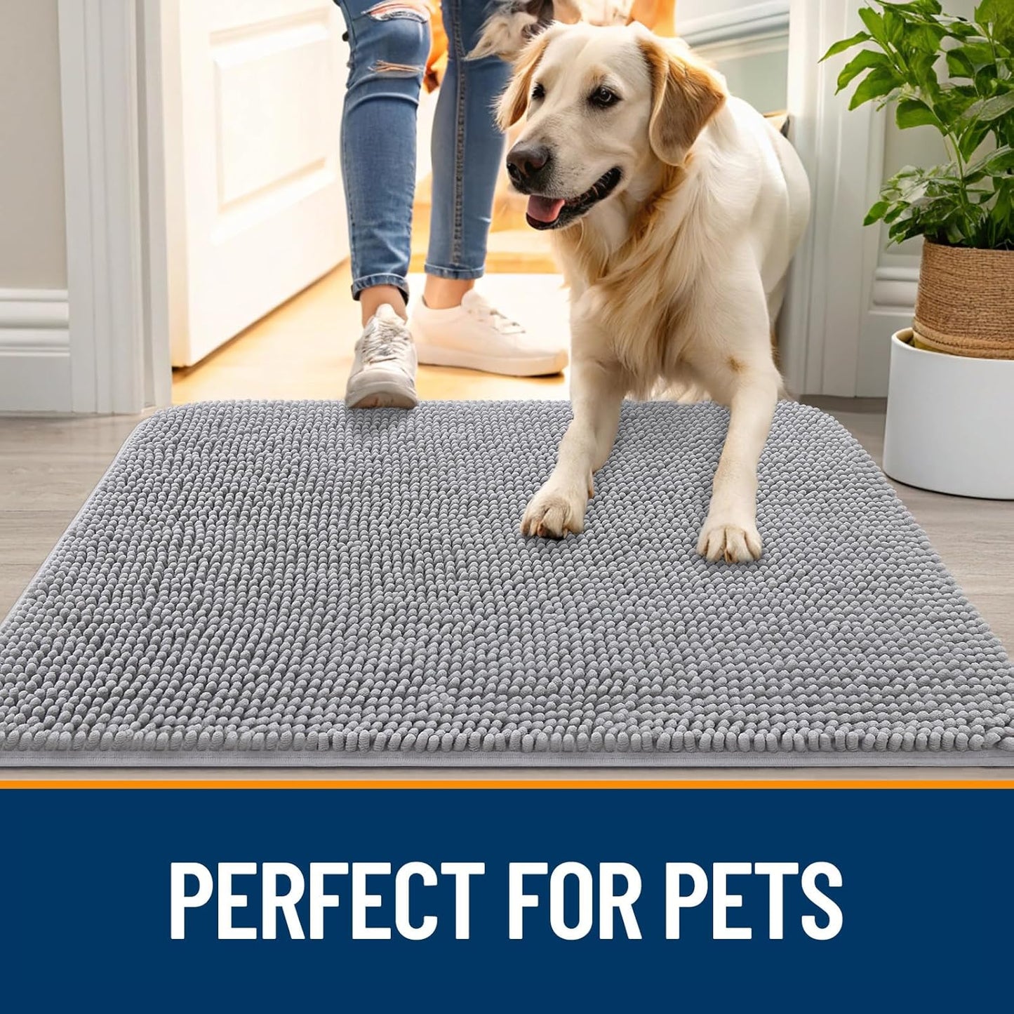 OLANLY Dog Door Mat - Absorbent Non-Slip Chenille Mat for Muddy Paws | 59x35 Light Grey Indoor Carpet