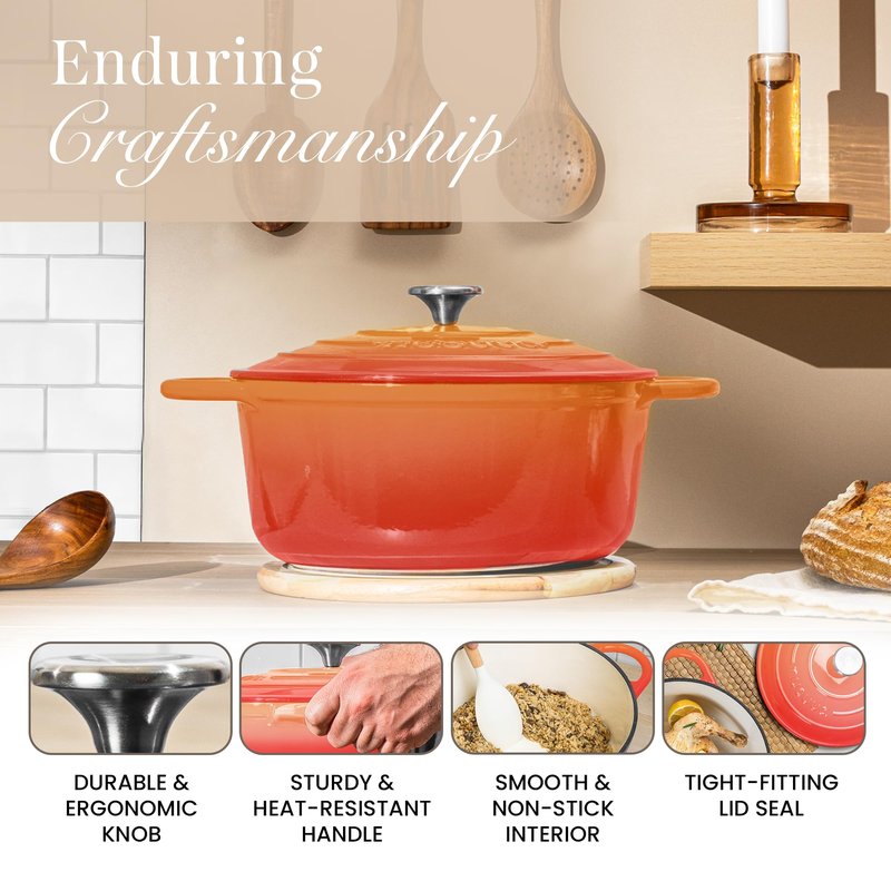 Nuovva Enamelled Cast Iron Dutch Oven Pot with Lid – 6.4 Quart Non Stick Casserole Pot – Heavy Duty & Oven Safe up to 500° F for Bread Baking, Braising, Stews, Roasting – 28cm Orange